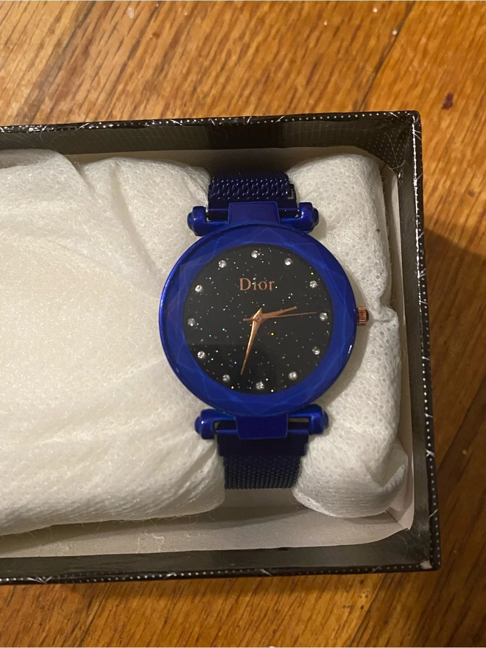 Dior Blue Faceted Crystal Dial Mesh Strap Watch